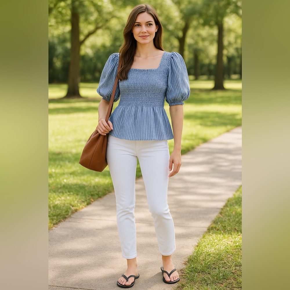 Blue Striped Squareneck Cotton Voile Smocked Top